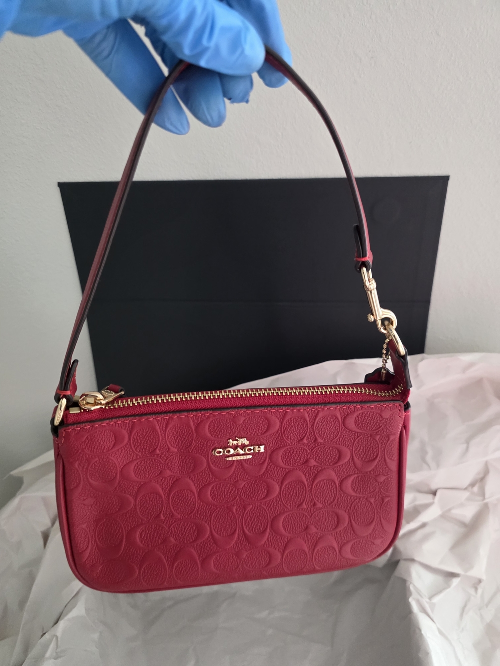 Coach Pebbled Leather Wristlet in Raspberry
